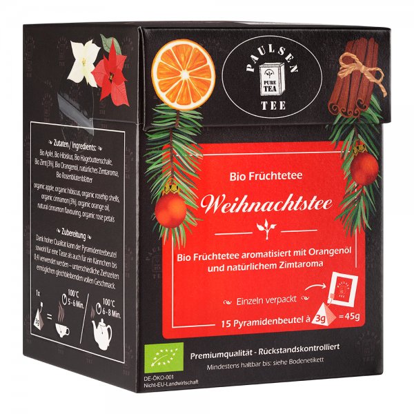 Bio Früchtetee Weihnachtstee, -Set- 6 Faltschachteln mit je 15 Pyramidenbeutel einzeln kuvertiert à 3g